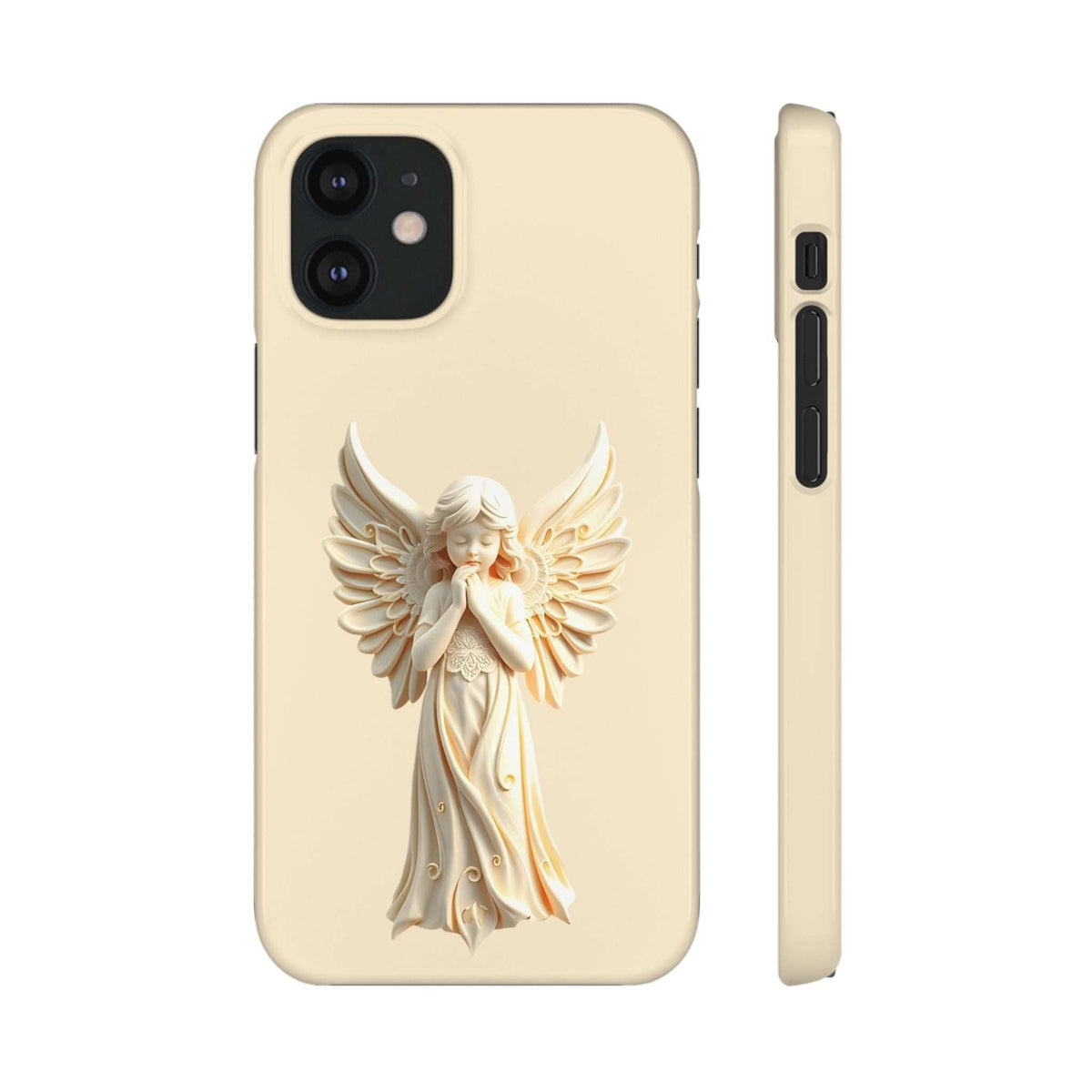 Beige phone case with angel figure on back, camera cutouts and raised edge detail