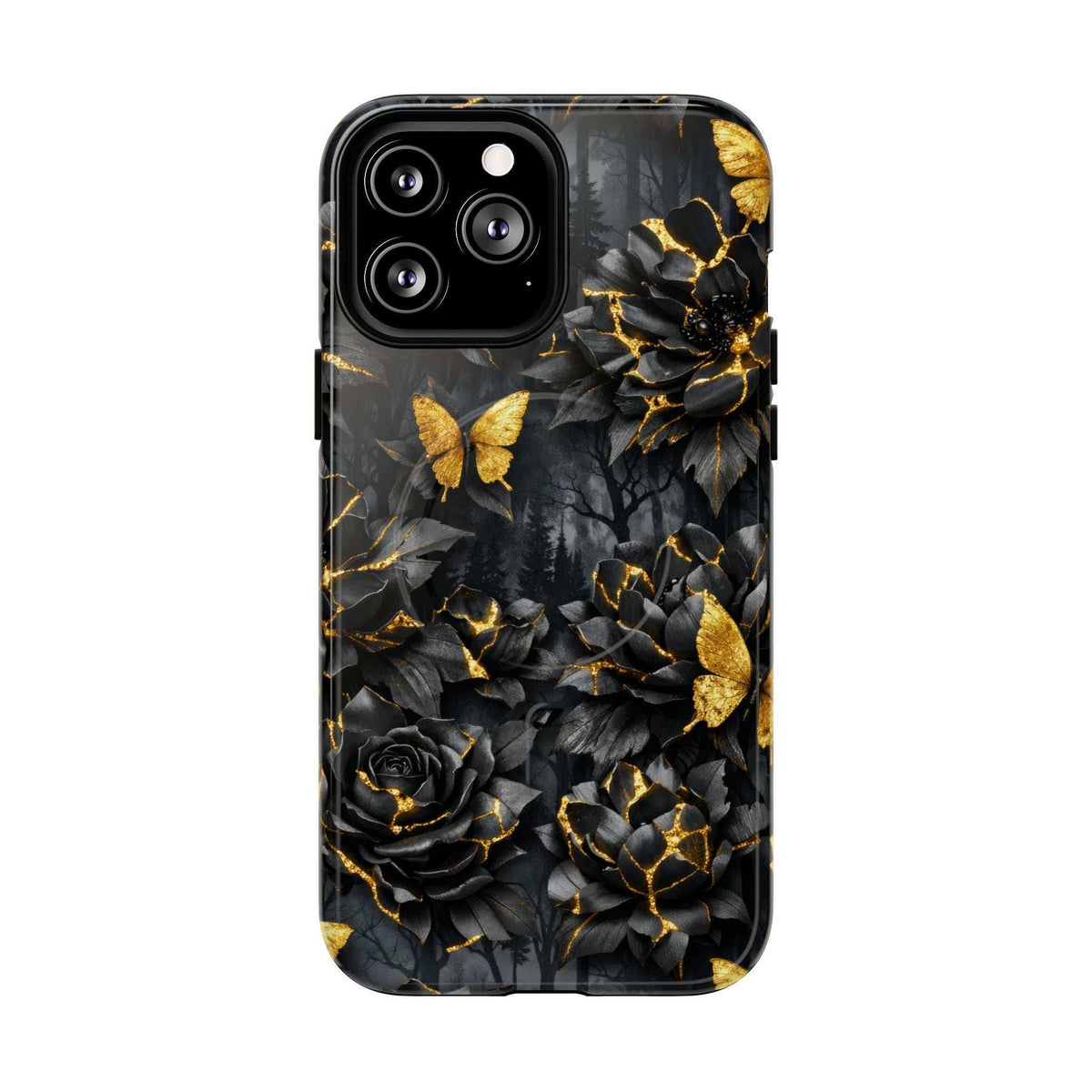 Black iPhone case with gold butterfly and rose artwork, kintsugi garden pattern