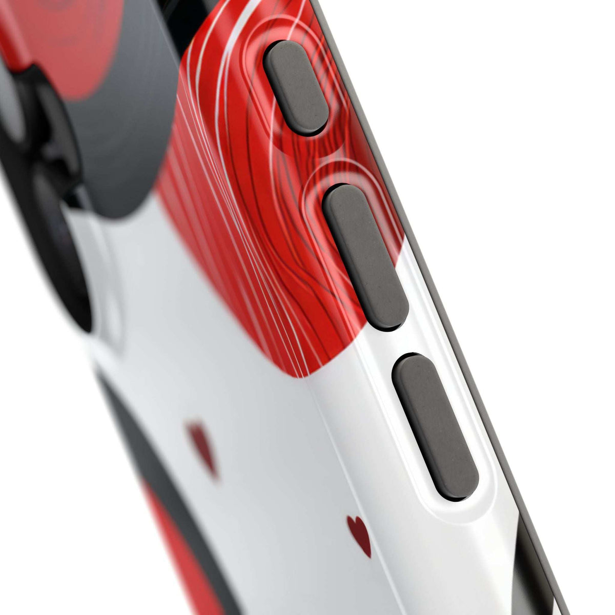 Phone case close-up showing red swirl heart design on white with raised button covers