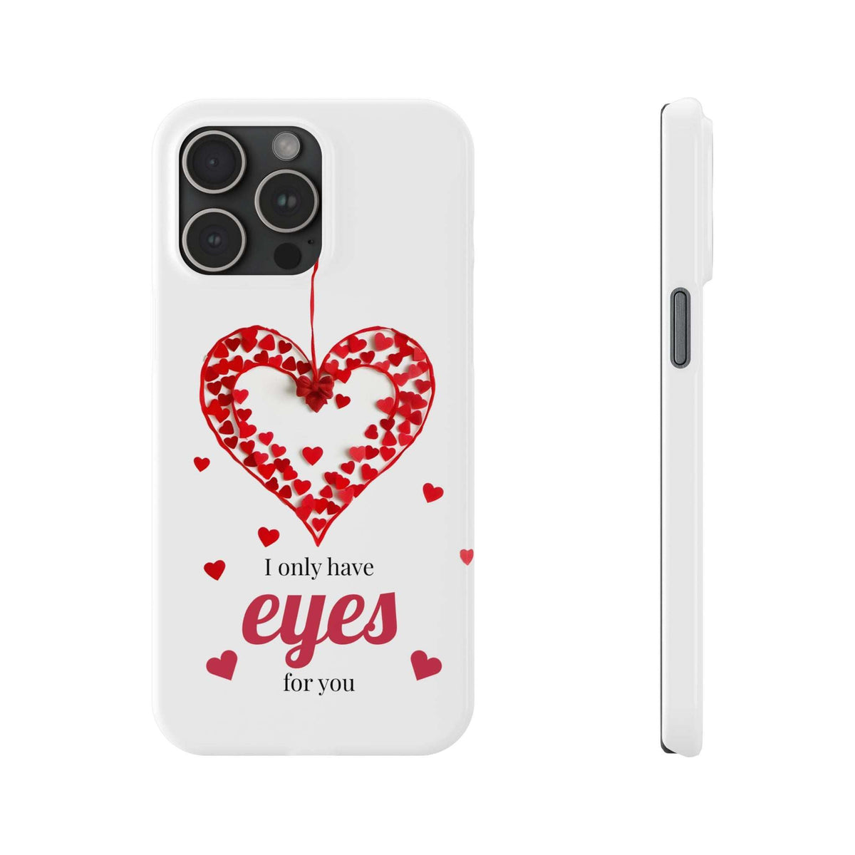 White phone case front and side edge with red heart graphic and text