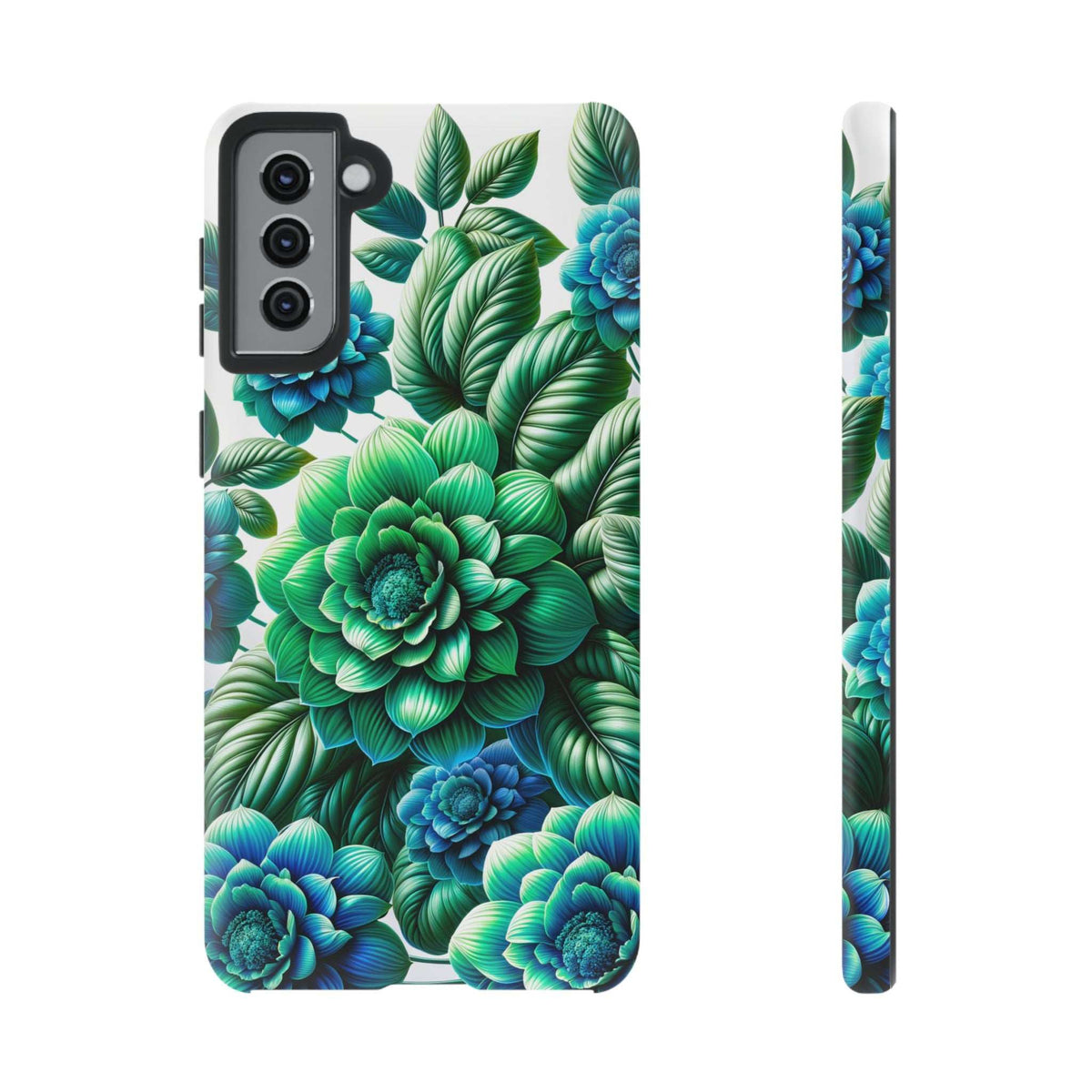 Green and blue floral phone case with tropical leaves design, full back view