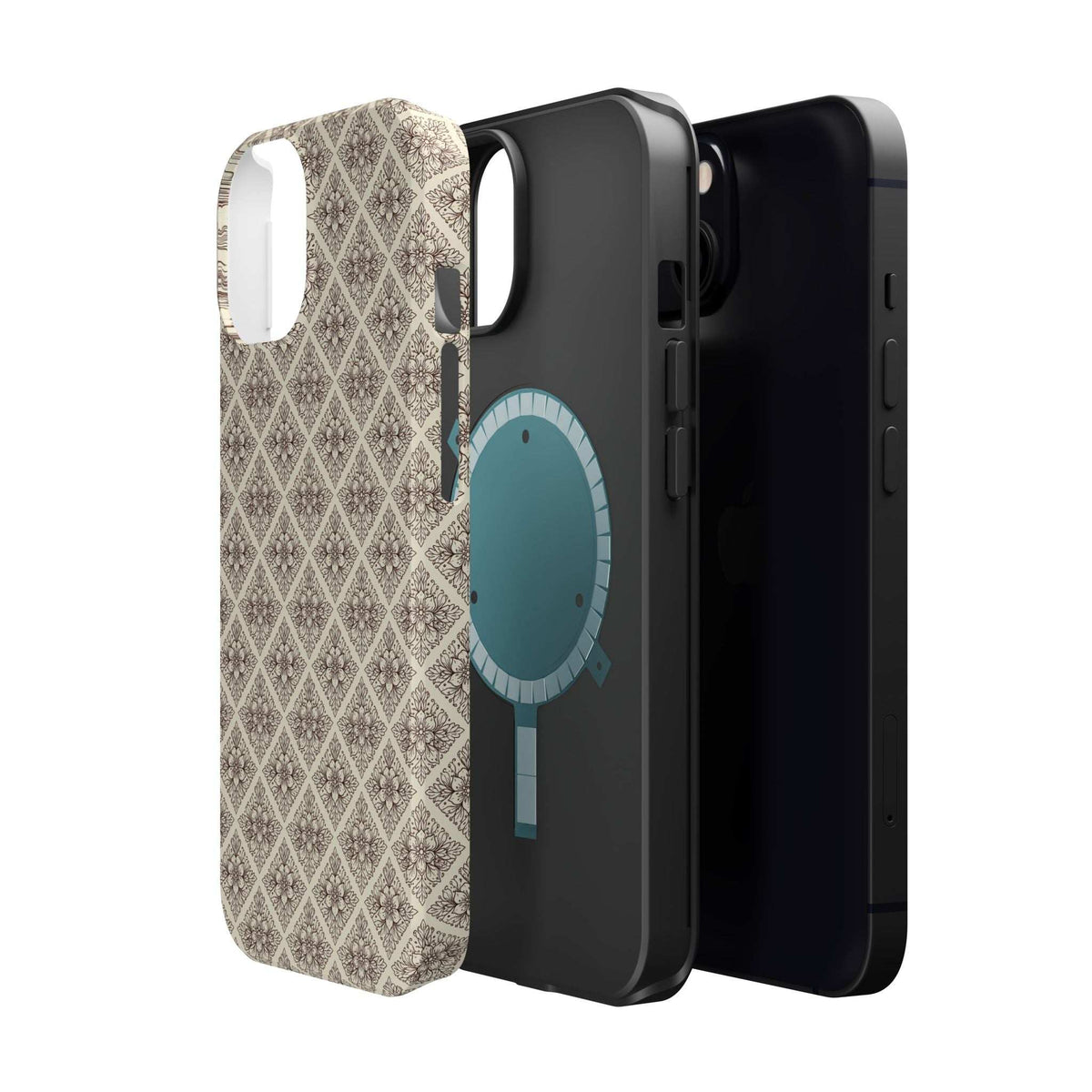 Beige patterned phone case with blue oval design, layered view of back and edges