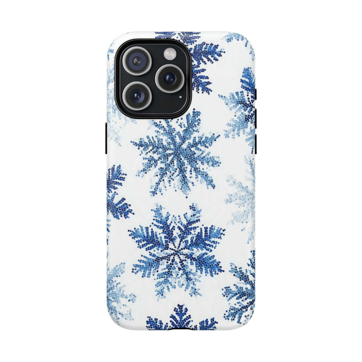 Snowflake phone case with blue snowflake design on white; camera module visible