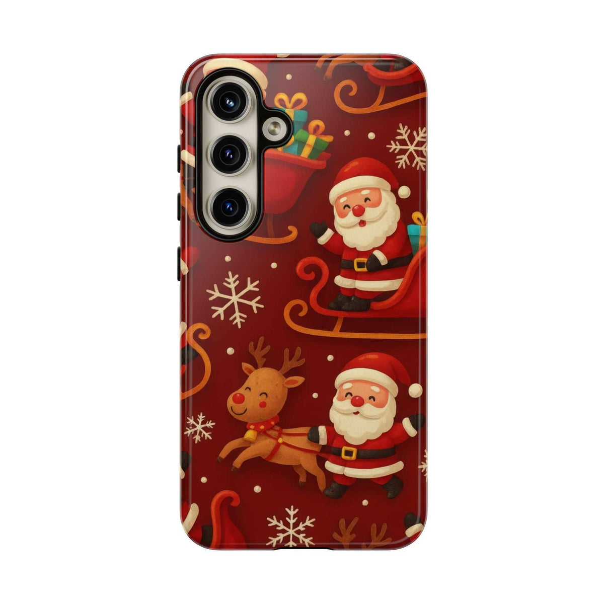 Glossy Santa and reindeer phone case, angled front view with camera and speaker cutouts