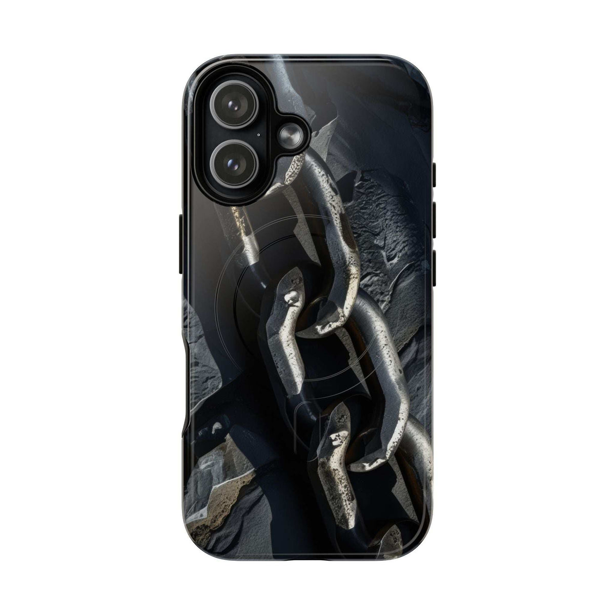 Black phone case with iron chain graphic on back and camera lens cutouts