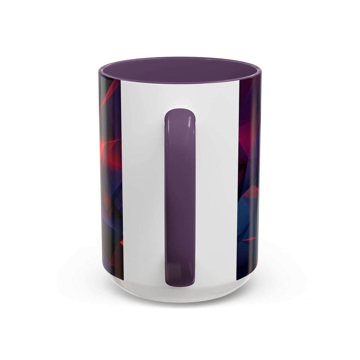 Ceramic mug with purple handle and lid; white panel with purple vertical accent