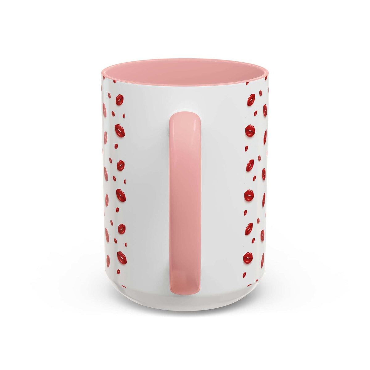 Accent coffee mug with pink interior panel, white body, and red lips pattern.