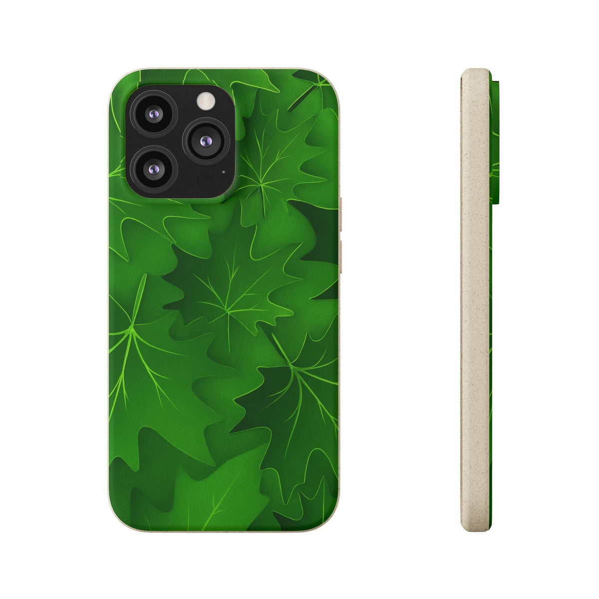 Green leaf-design phone case with camera cutout and protective bumper edges