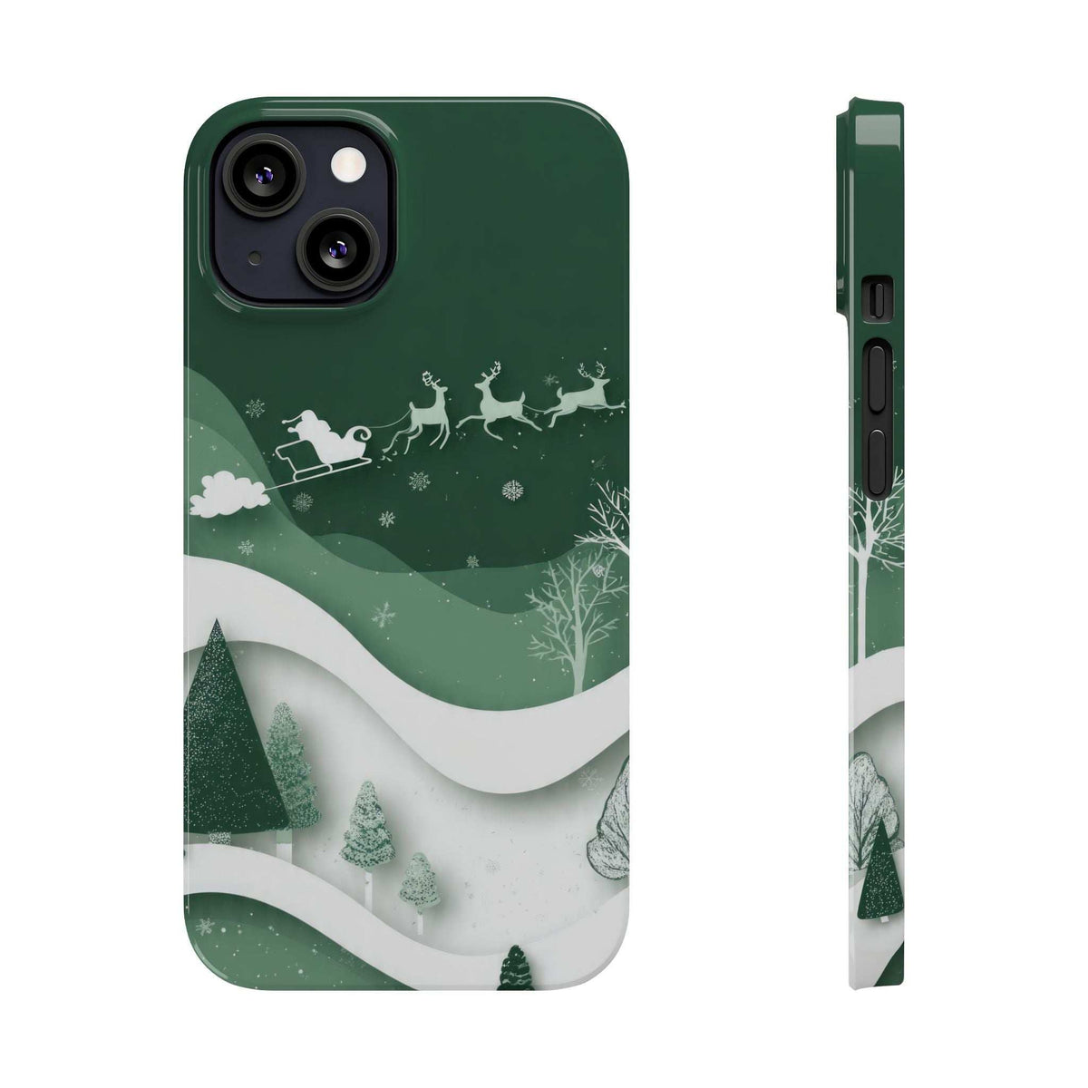 Green phone case with snowy waves and reindeer sleigh; back view and side profile