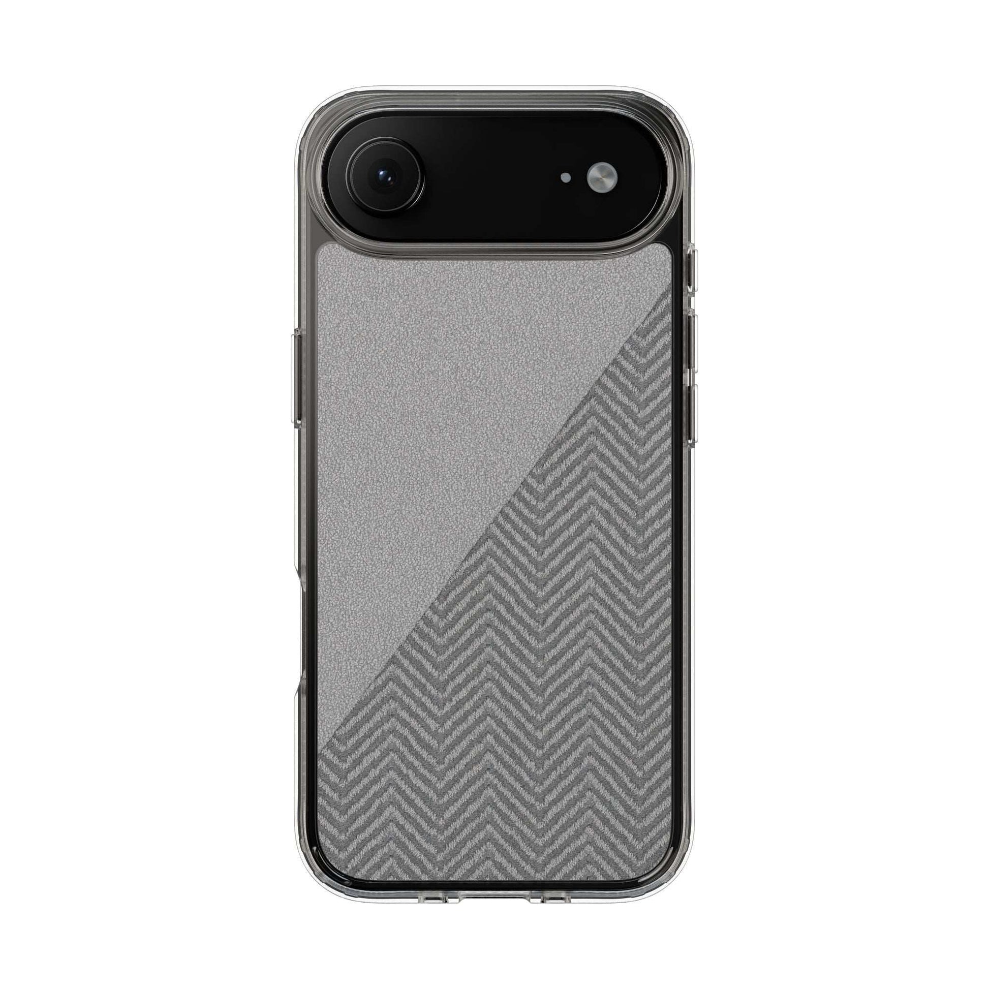 Dark herringbone tough phone case with black camera cutout and diagonal herringbone texture