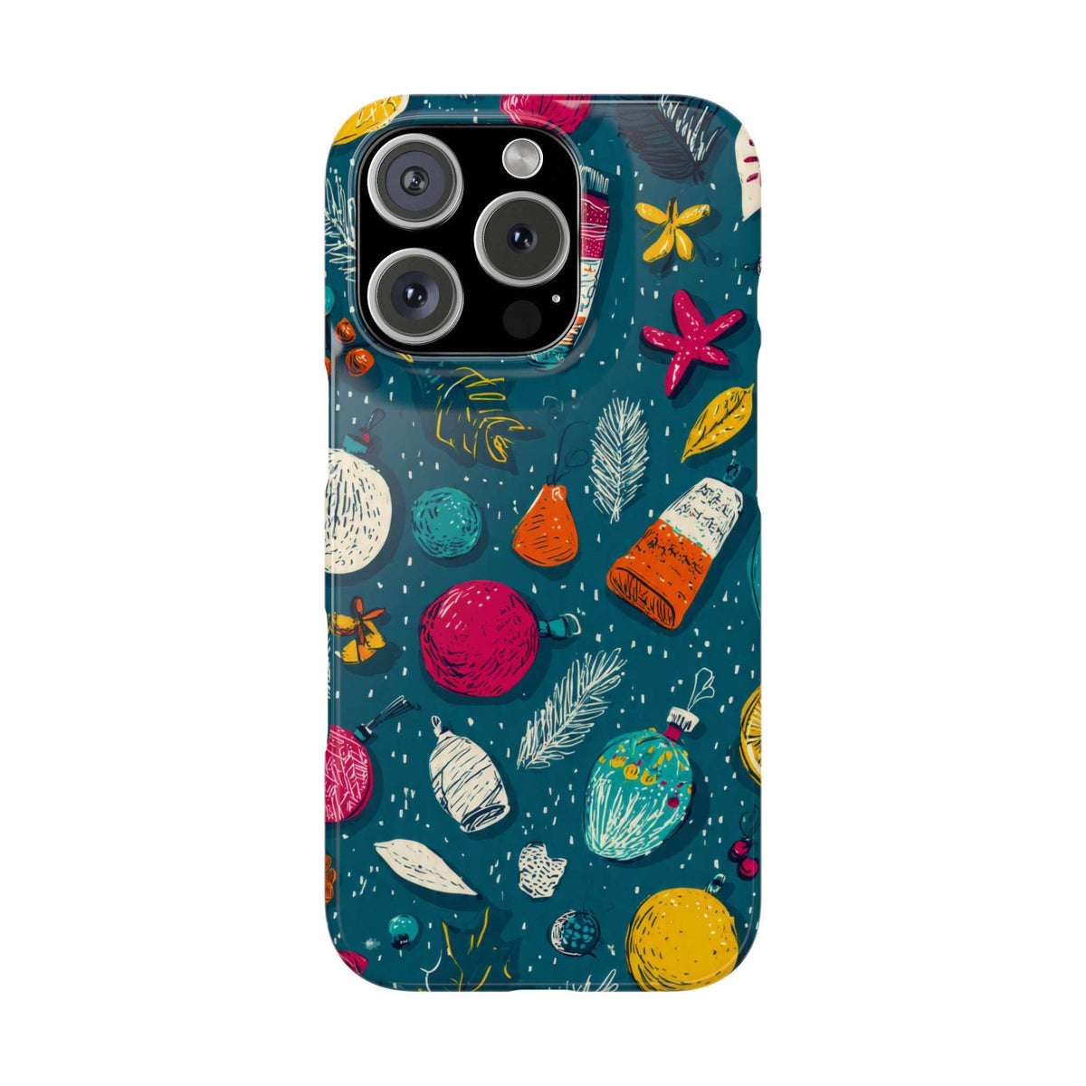 Teal winter-themed phone case with colorful ornaments and starfish pattern