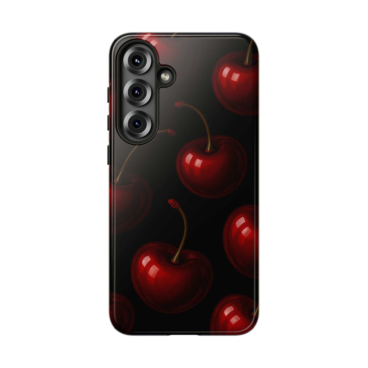 Glossy black phone case with red cherries, camera cutout and raised edges