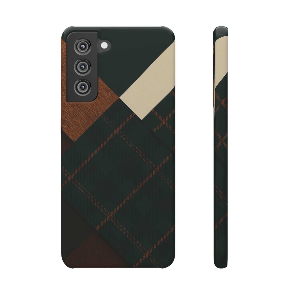 Dark green phone case with wood panel and plaid diamond pattern; triple camera cutouts.