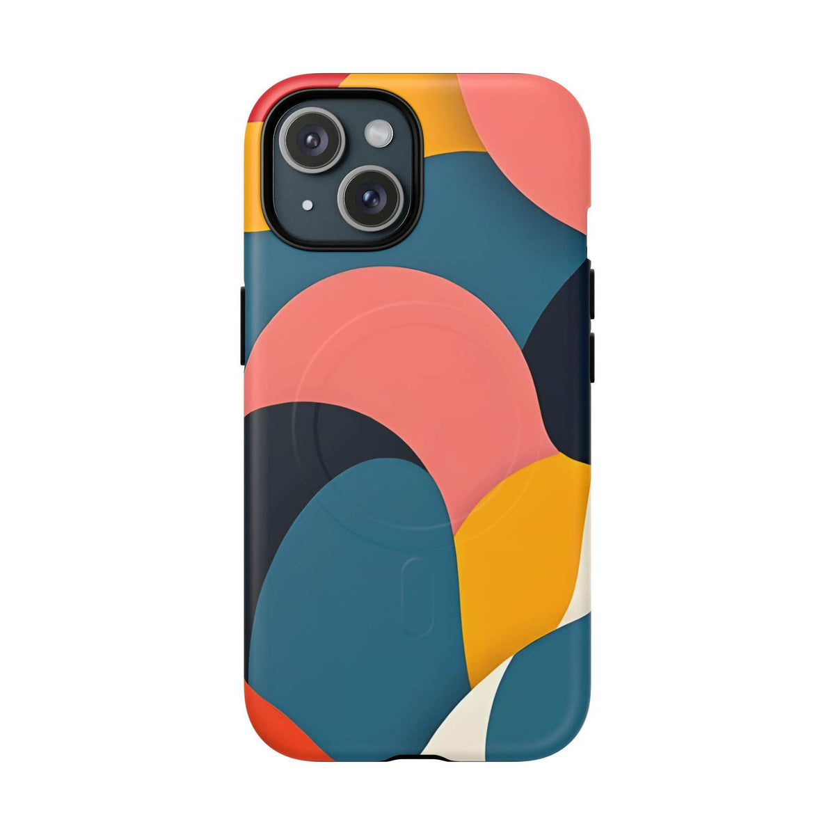 Colorful abstract art phone case, angled front view with multicolor curved design