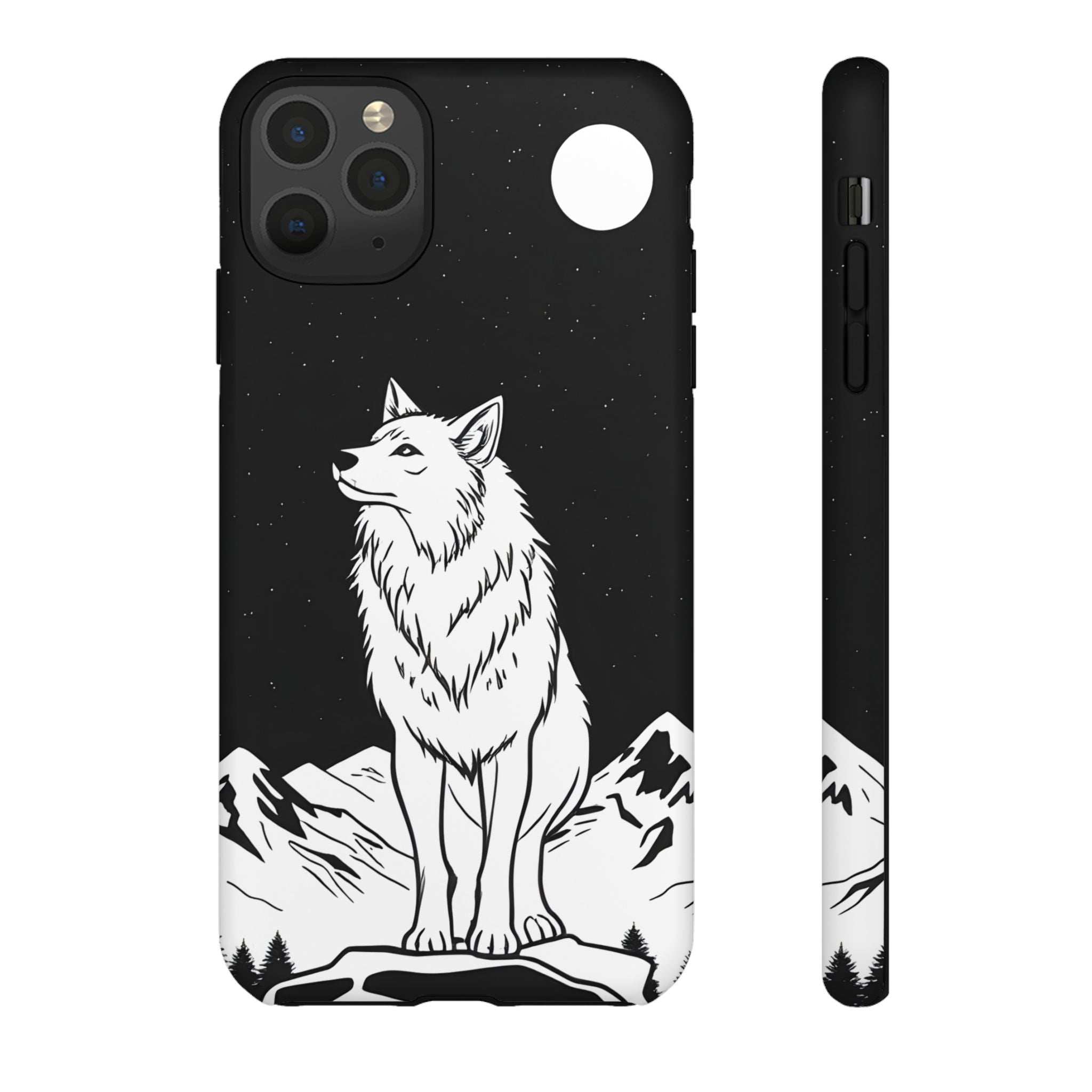 Black phone case with white wolf graphic, star speckles, with side profile shown
