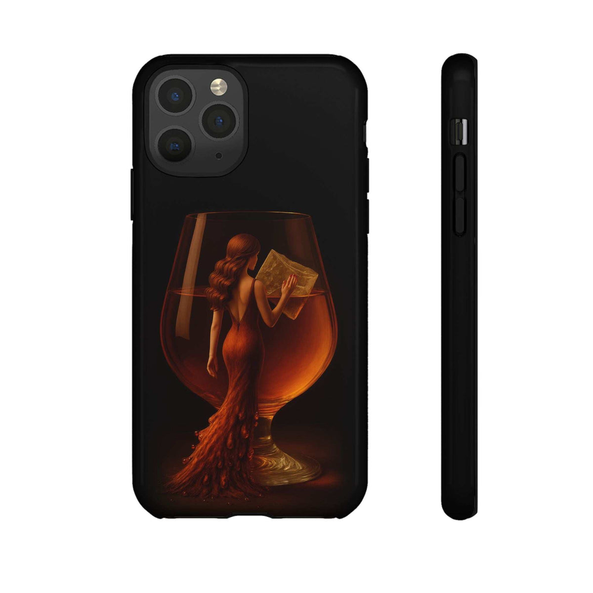 Midnight lady phone case, glossy black with woman in glowing glass artwork