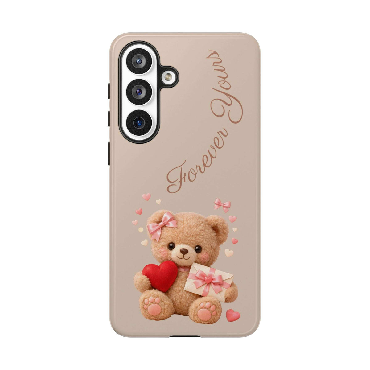 Beige phone case featuring teddy bear, red heart, bow details, and “Forever Yours” text