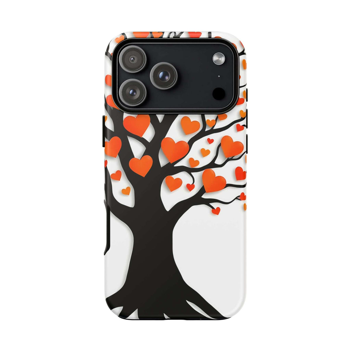 Heart tree phone case with orange hearts, white branches, and camera cutout openings