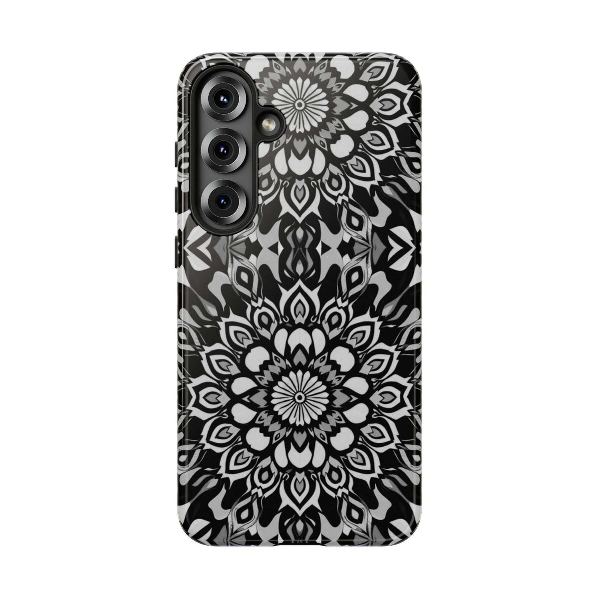 Black phone case with white mandala floral design and camera module cutout at top-left