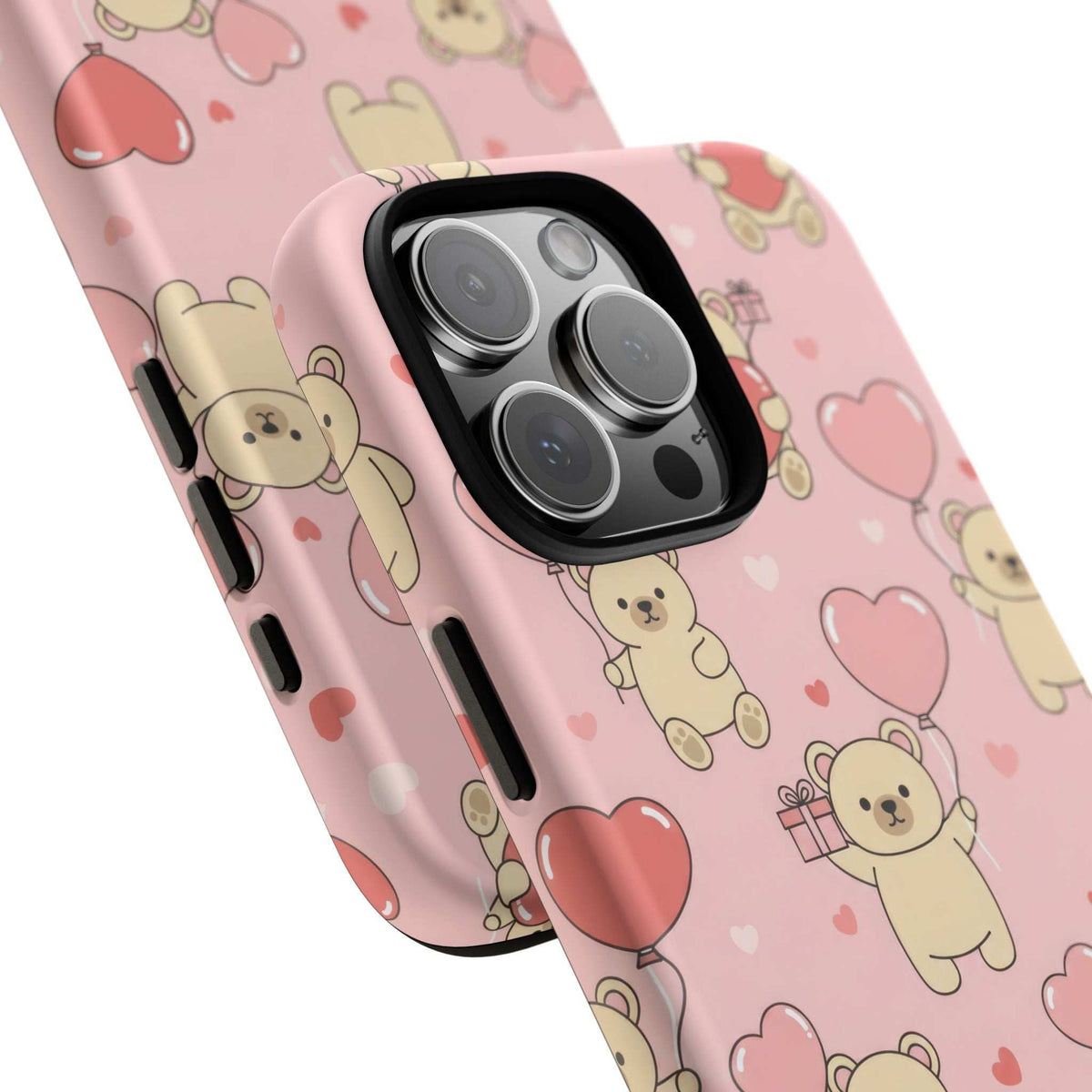Pink teddy bear phone case with hearts pattern and protective camera bump, black trim