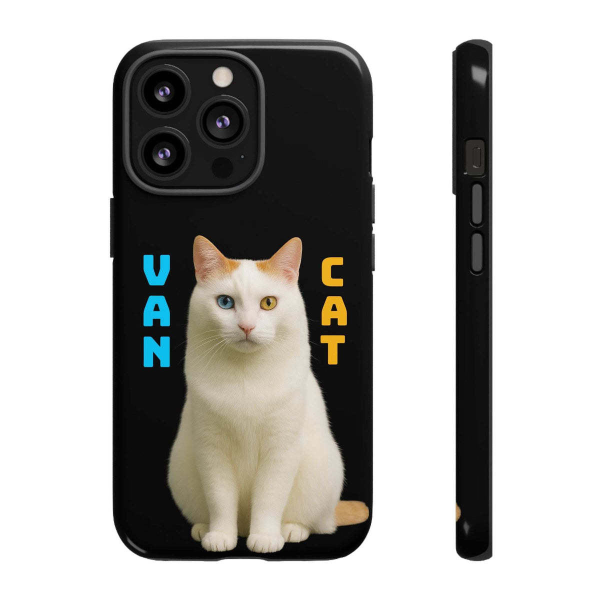Glossy black phone case featuring white cat graphic with camera cutouts and side profile