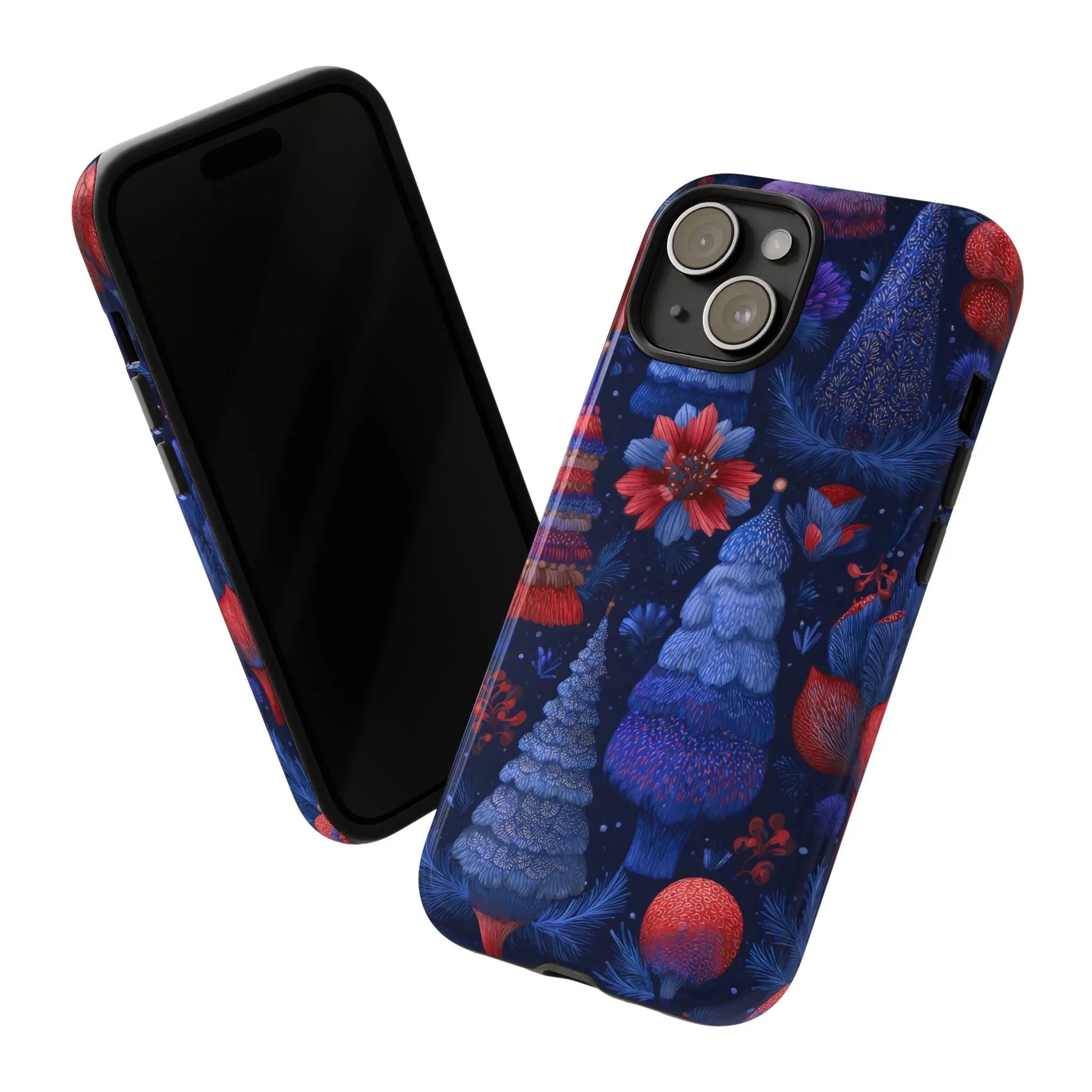 Midnight Blue Christmas Forest Phone Case for iPhone 8-17 and Galaxy S21–S25 - KARARMDESIGN