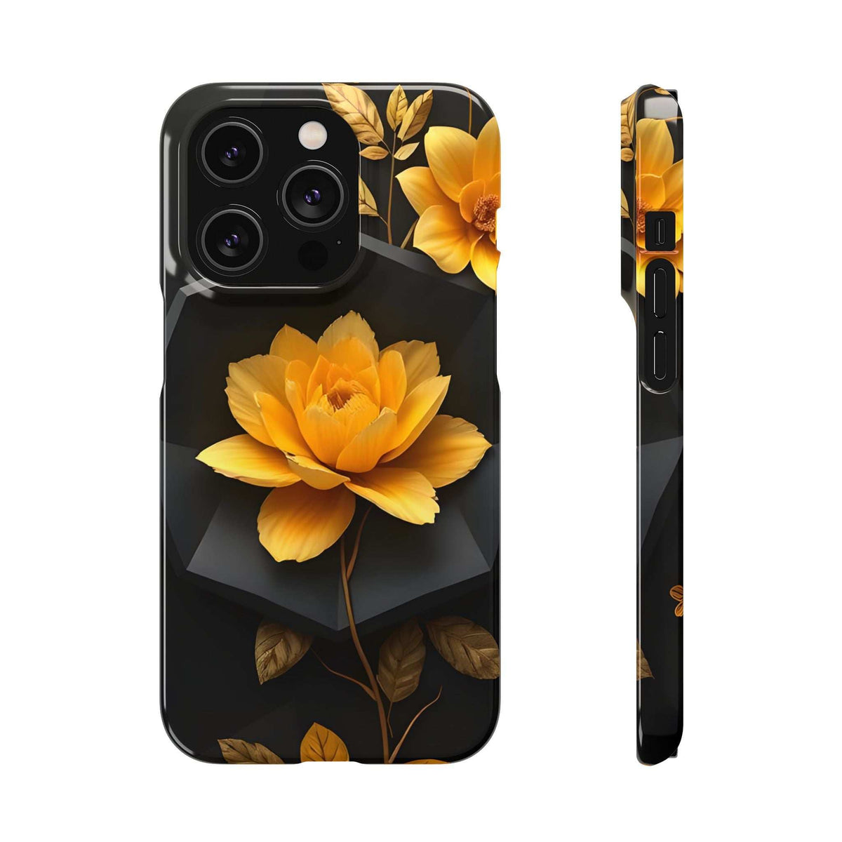 Black phone case with yellow flower and leaf accents; side view shows raised lip