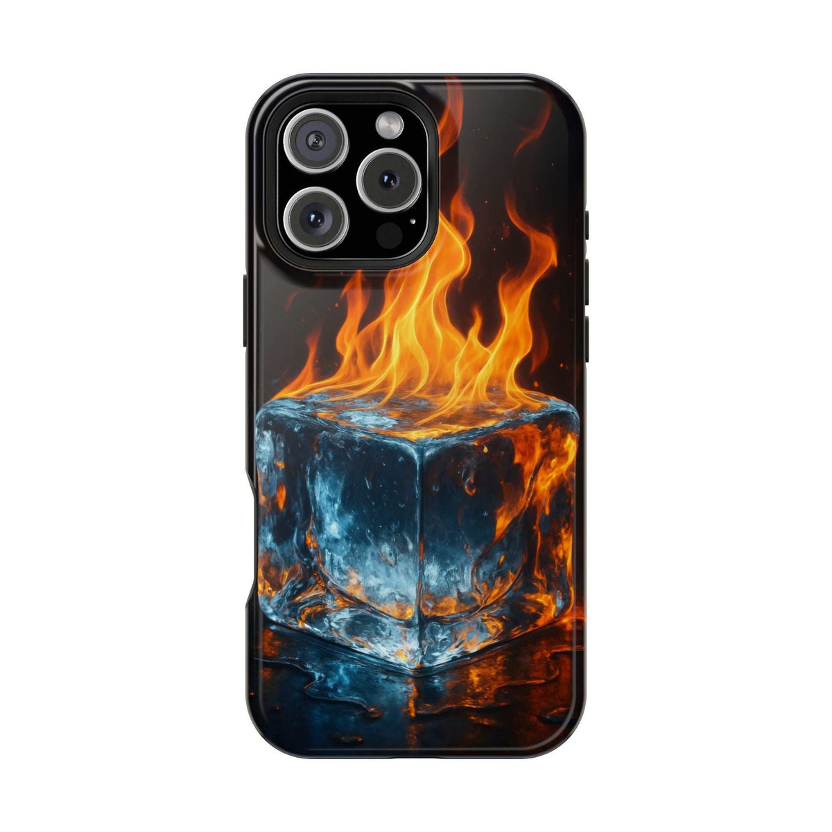 Phone case with glossy black flame-and-ice cube artwork, front camera lens cutouts visible.