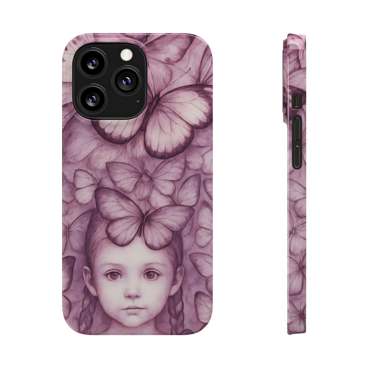 Purple illustrated phone case with butterfly pattern and young girl face; camera lens openings.