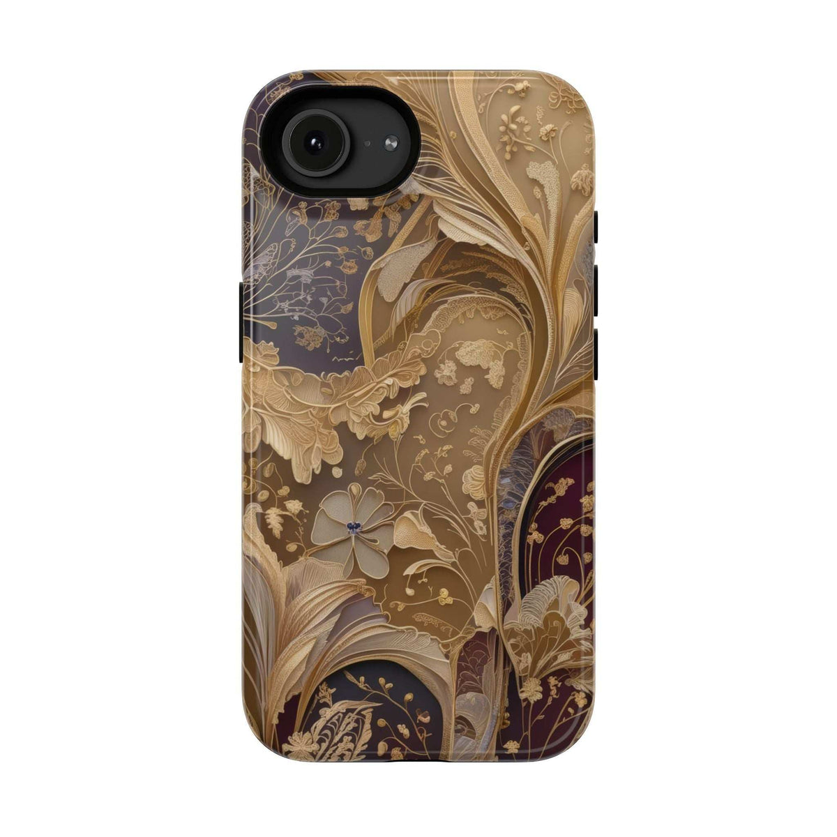 Tan and dark botanical phone case with ornate flower design and large camera cutout