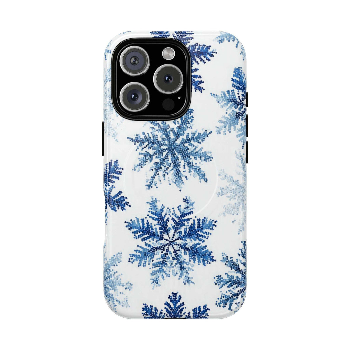 Snowflake phone case for iPhone 13-17, white with blue snowflake print, triple camera cutout