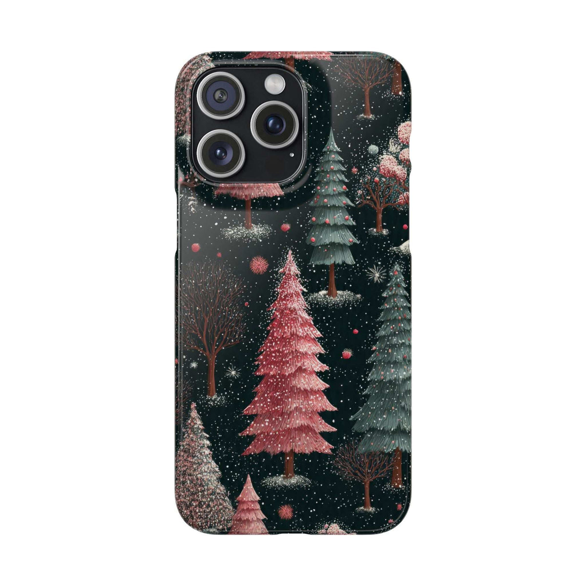 Glossy phone case with dark winter forest and pink trees; multi-camera cutout