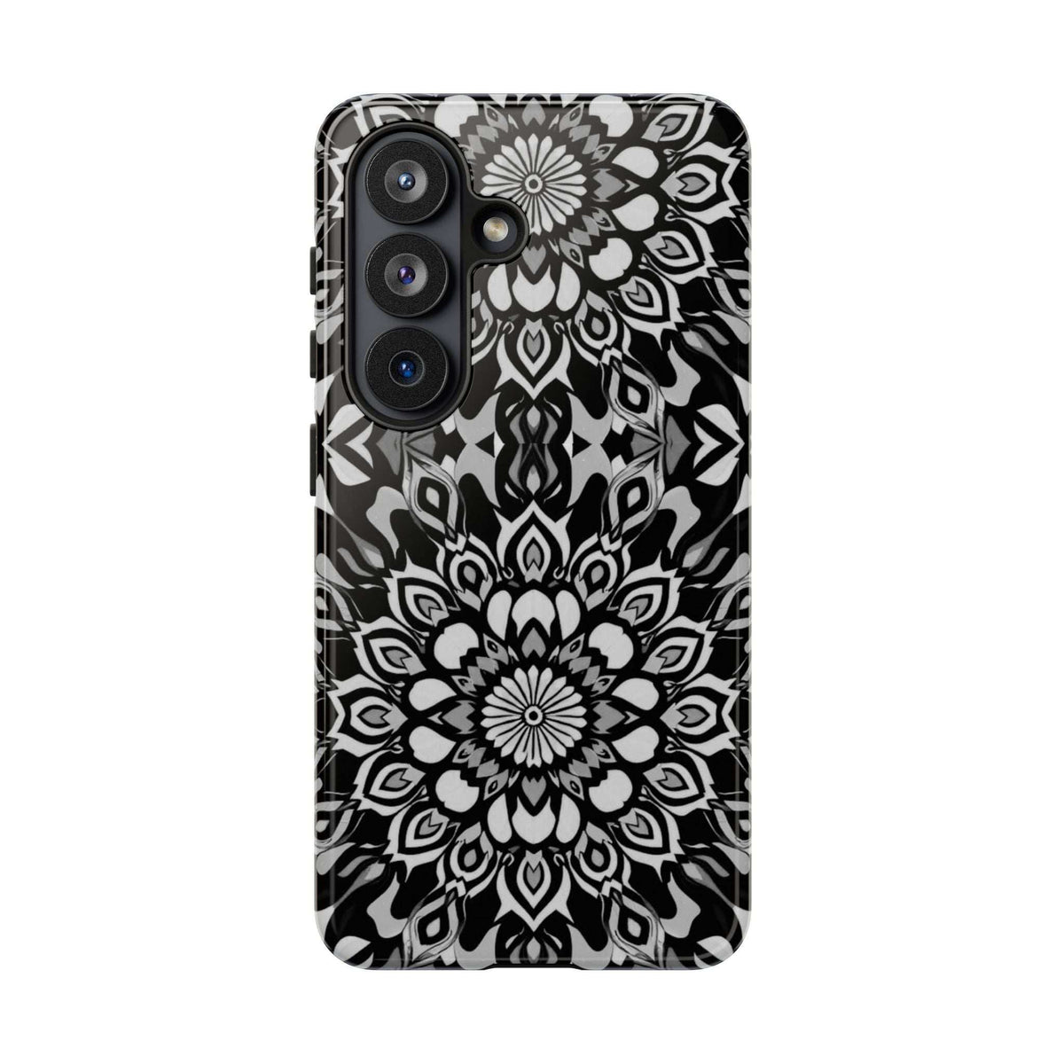 Phone case with black-and-white mandala print, multi-camera cutouts and flash