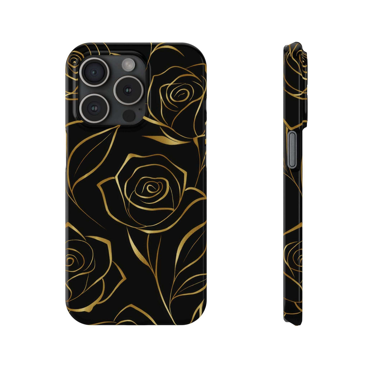Black iPhone case with gold rose pattern, back view with camera cutouts and side.