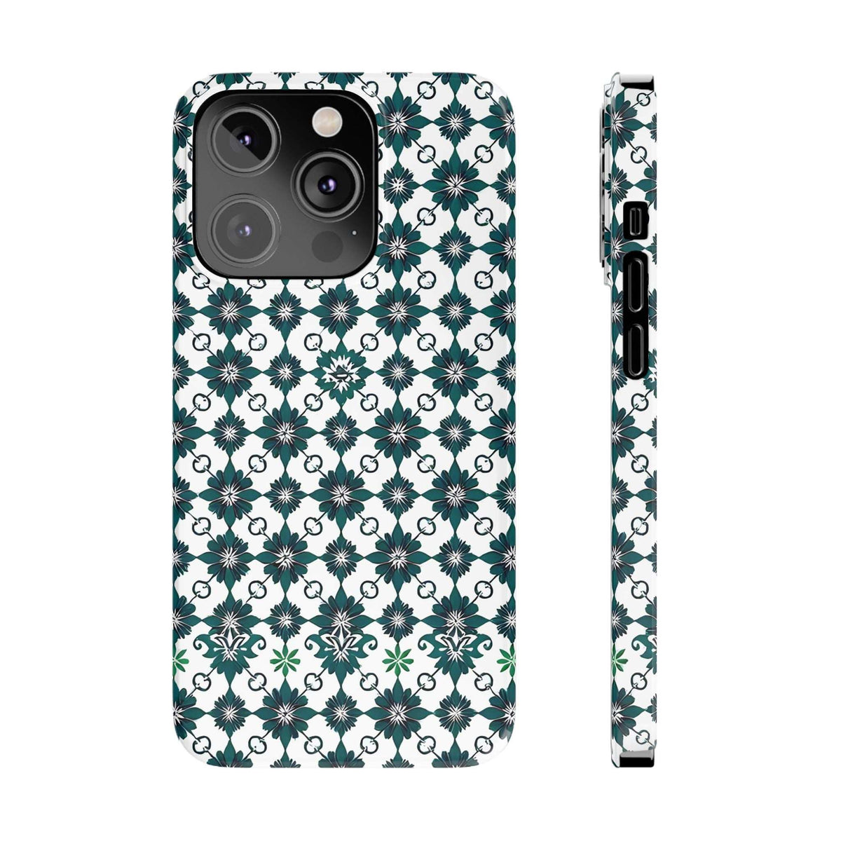 Phone case with teal/green flower pattern on white; raised edges around camera