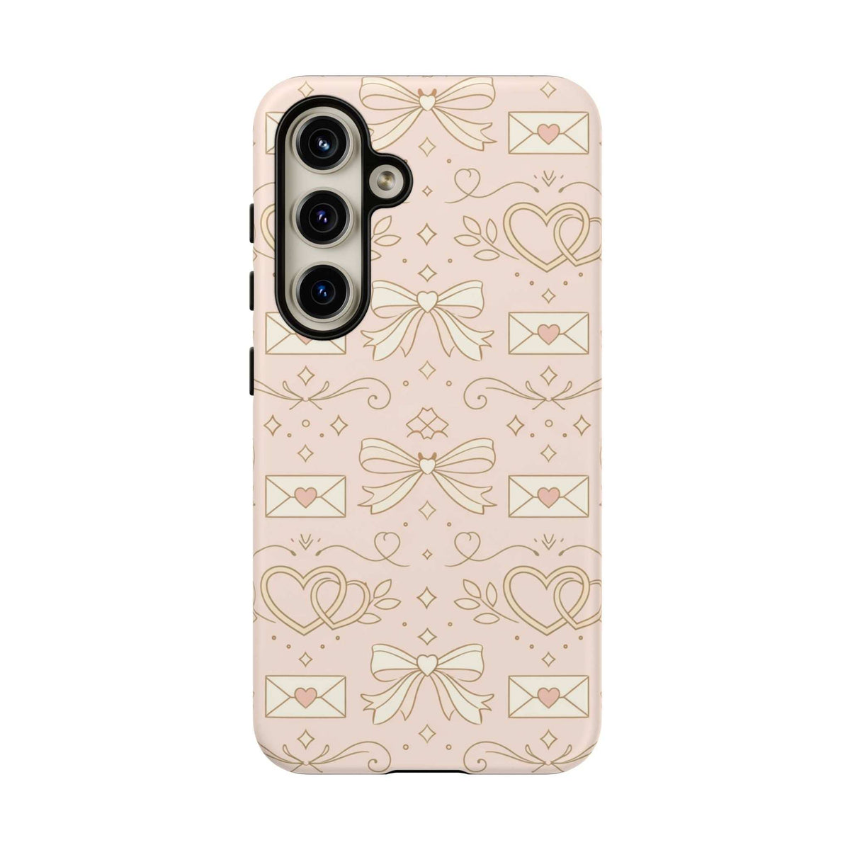 Light pink tough phone case featuring hearts, bows, and envelope icons; precise camera openings