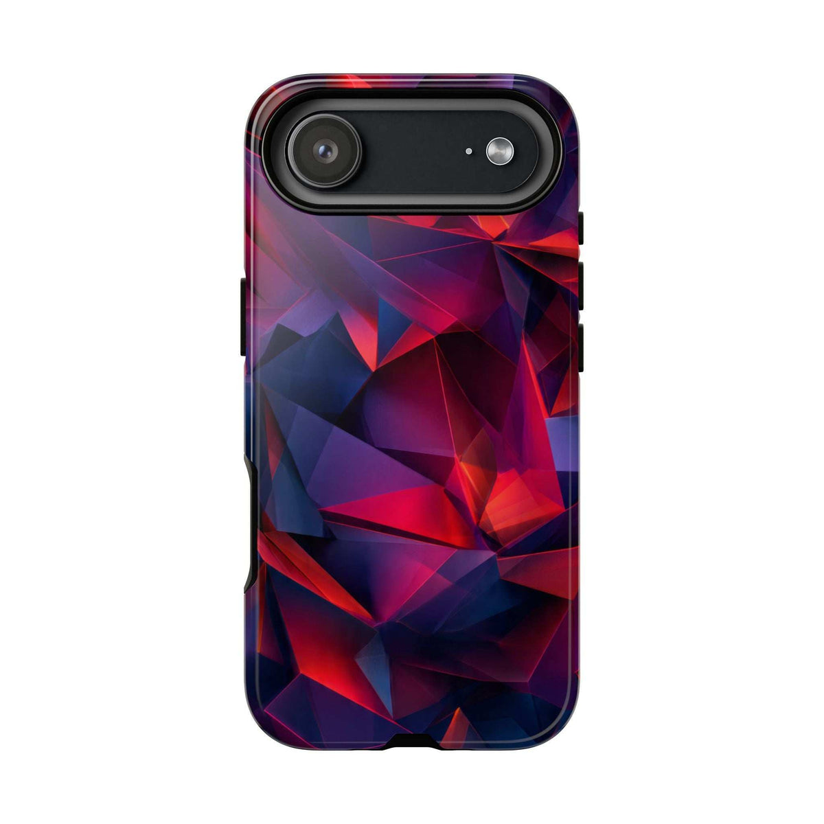 Glossy phone case with red and blue geometric prism pattern and single rear camera cutout