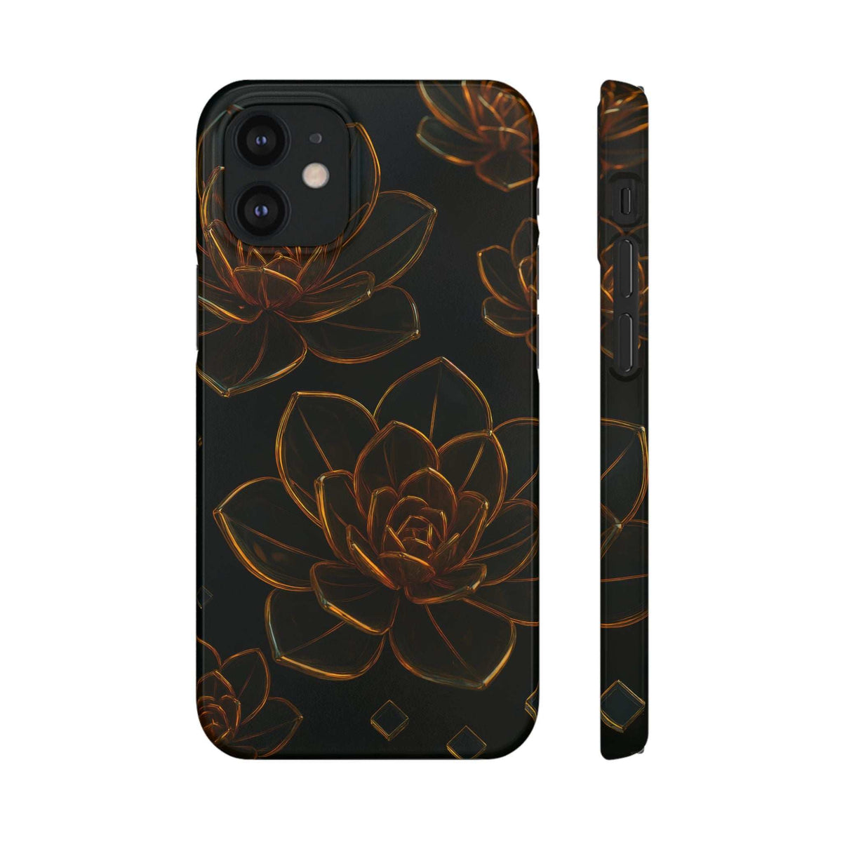 Glossy glass flower phone case showing large floral pattern; black base with orange outlines