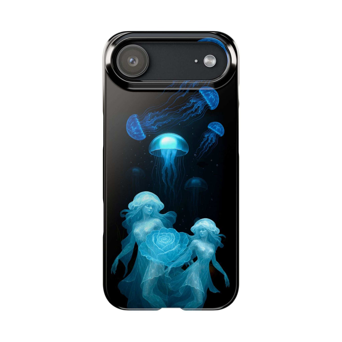 Light silver phone case with blue jellyfish illustration and glowing rose at the bottom
