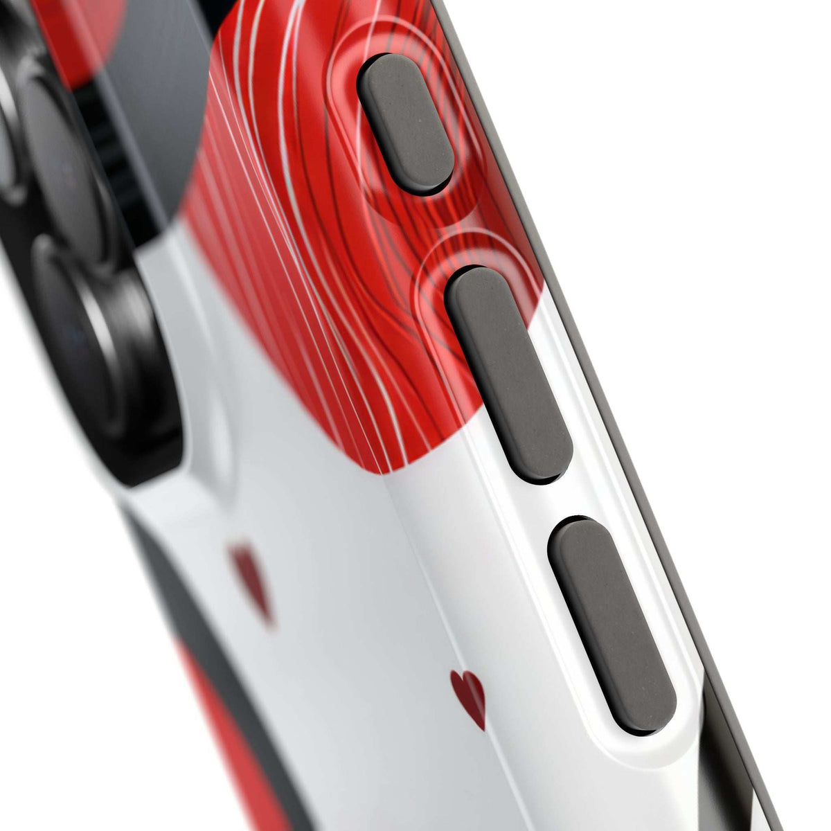 Phone case close-up of side buttons on red-and-black wave graphics over white.