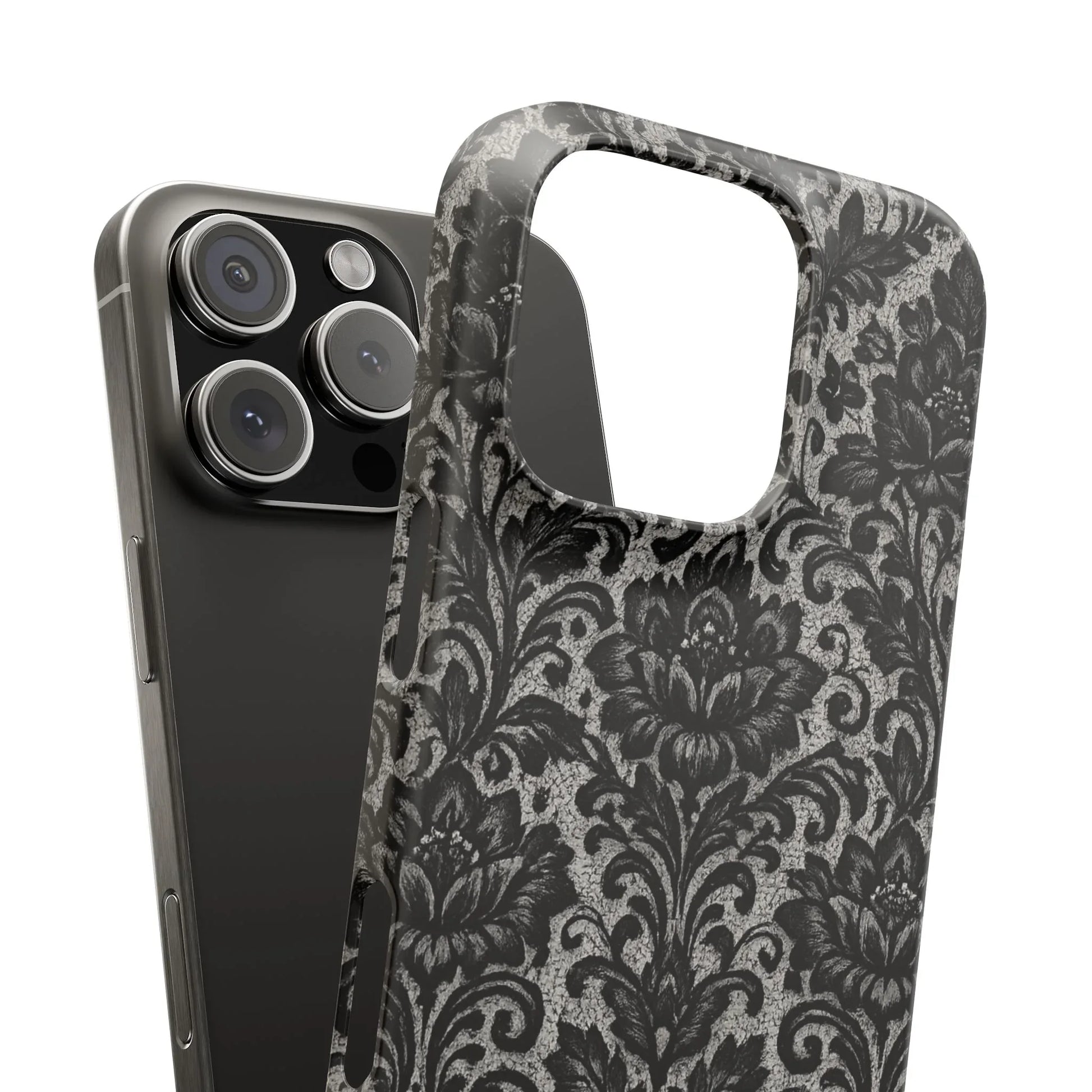 Black Damask Floral Phone Case for iPhone 11-17 and Galaxy S20-S25 - KARARMDESIGN