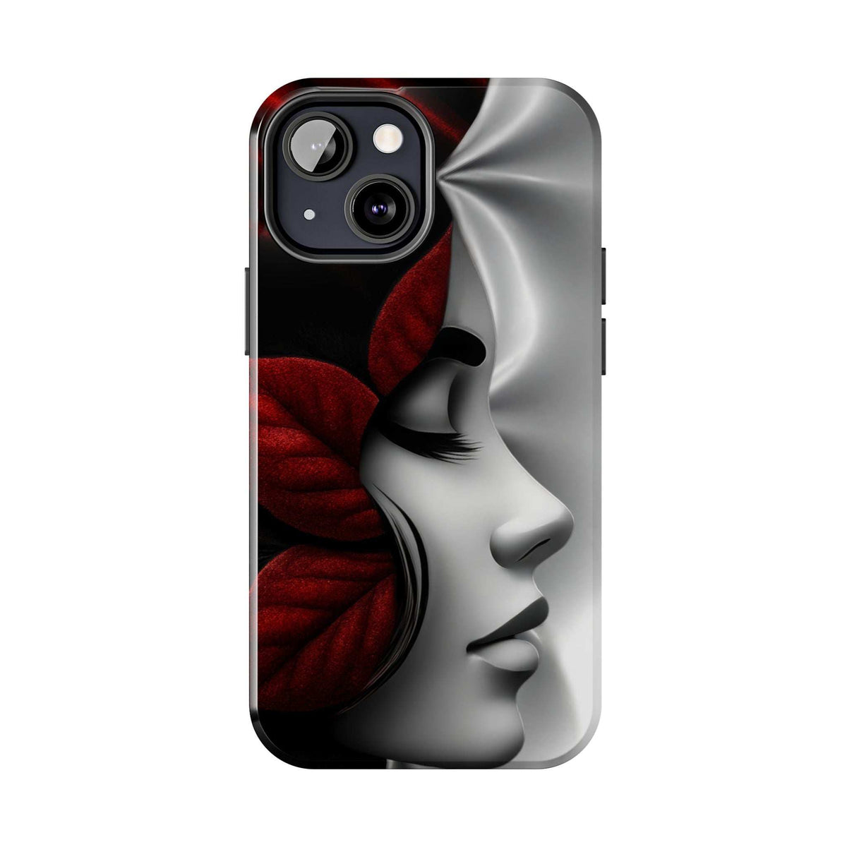 Phone case with silver profile face art and dark red rose pattern, cutouts for dual cameras