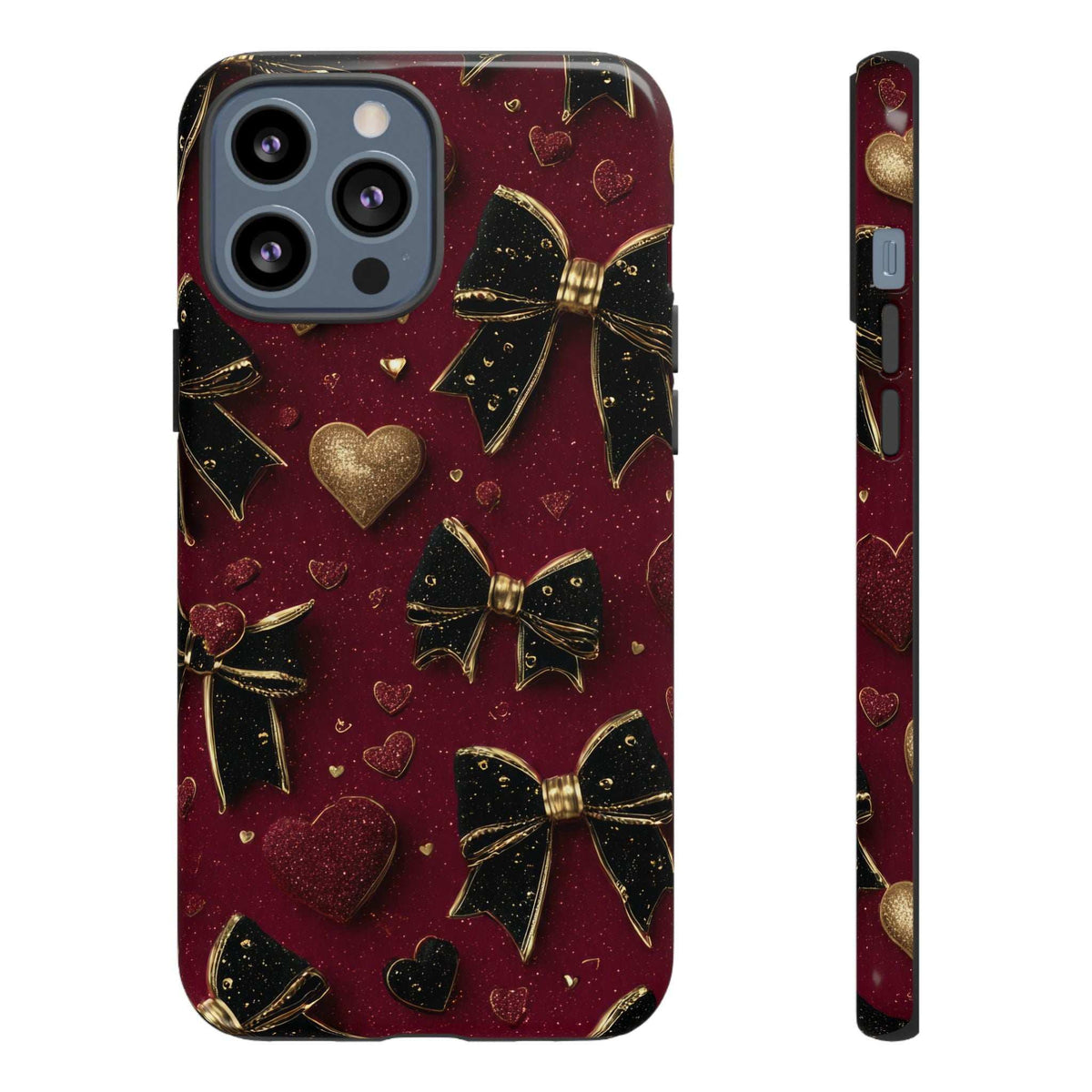 Front phone case in maroon with gold hearts and bows; glossy velvet-like glitter pattern