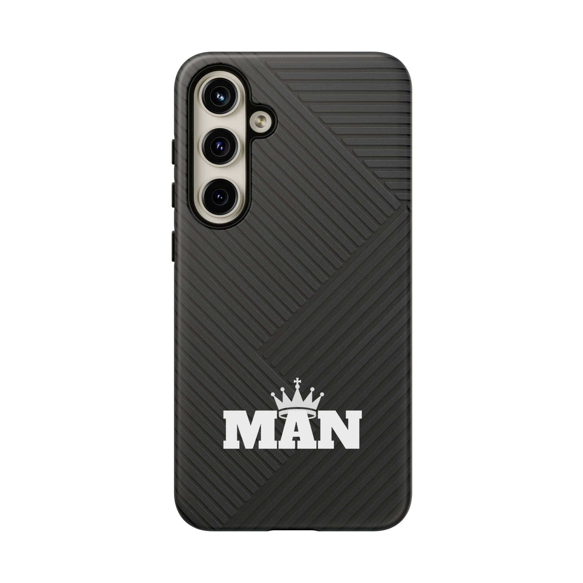 Black phone case with MAN logo and diagonal ribbed texture, covers camera lenses