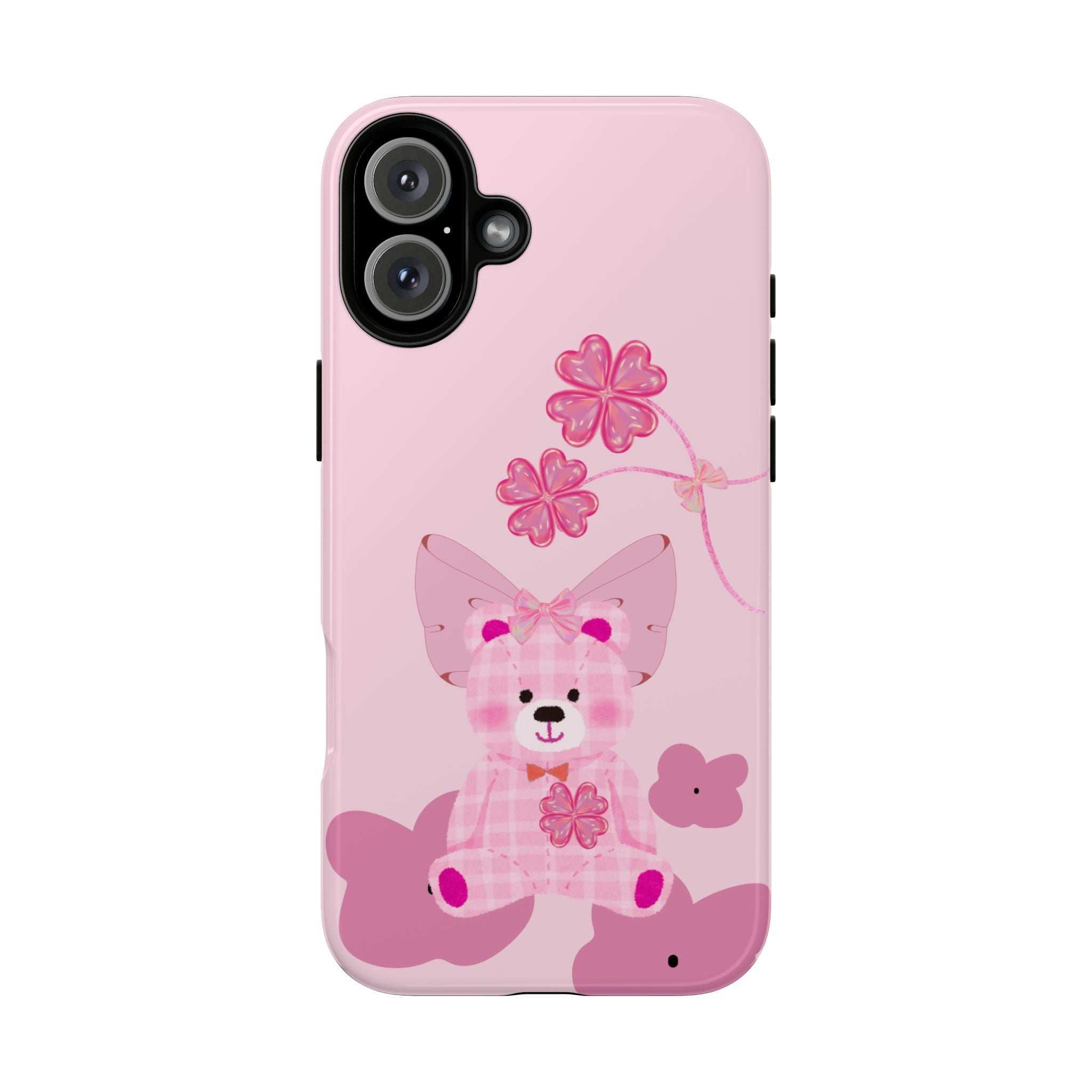 Pink phone case featuring a teddy bear with bow and blossoms, camera cutouts visible.