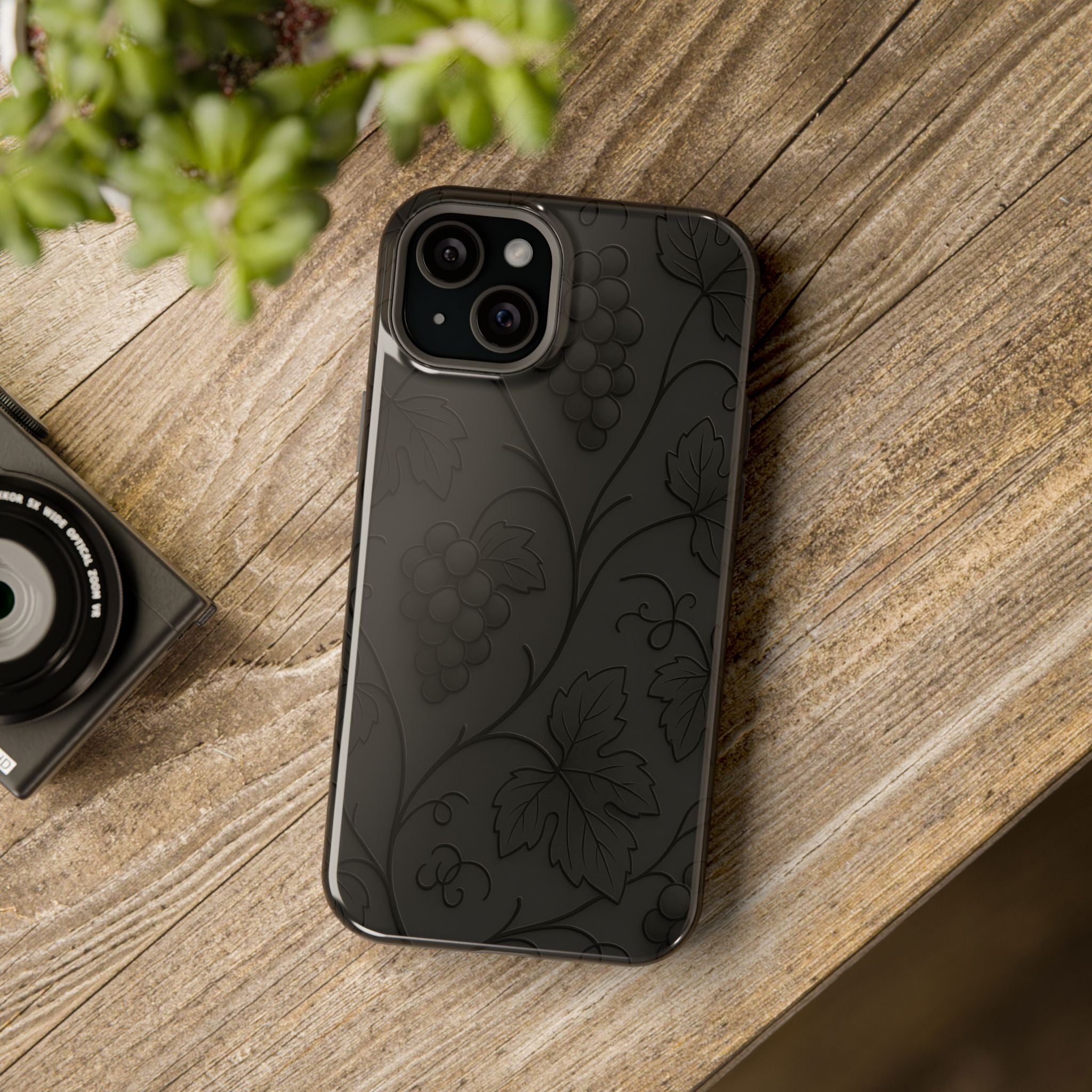 Embossed Grape Leaf Phone Case – Elegant Black Design for iPhone & Samsung