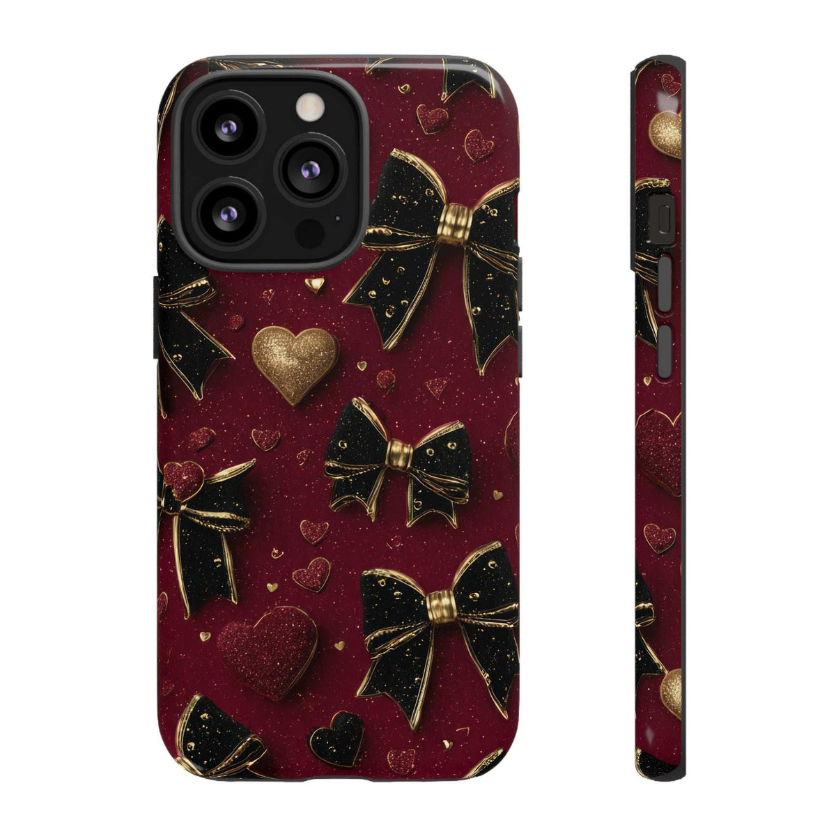 Maroon glossy phone case with gold heart and bow pattern, velvet-like glitter finish