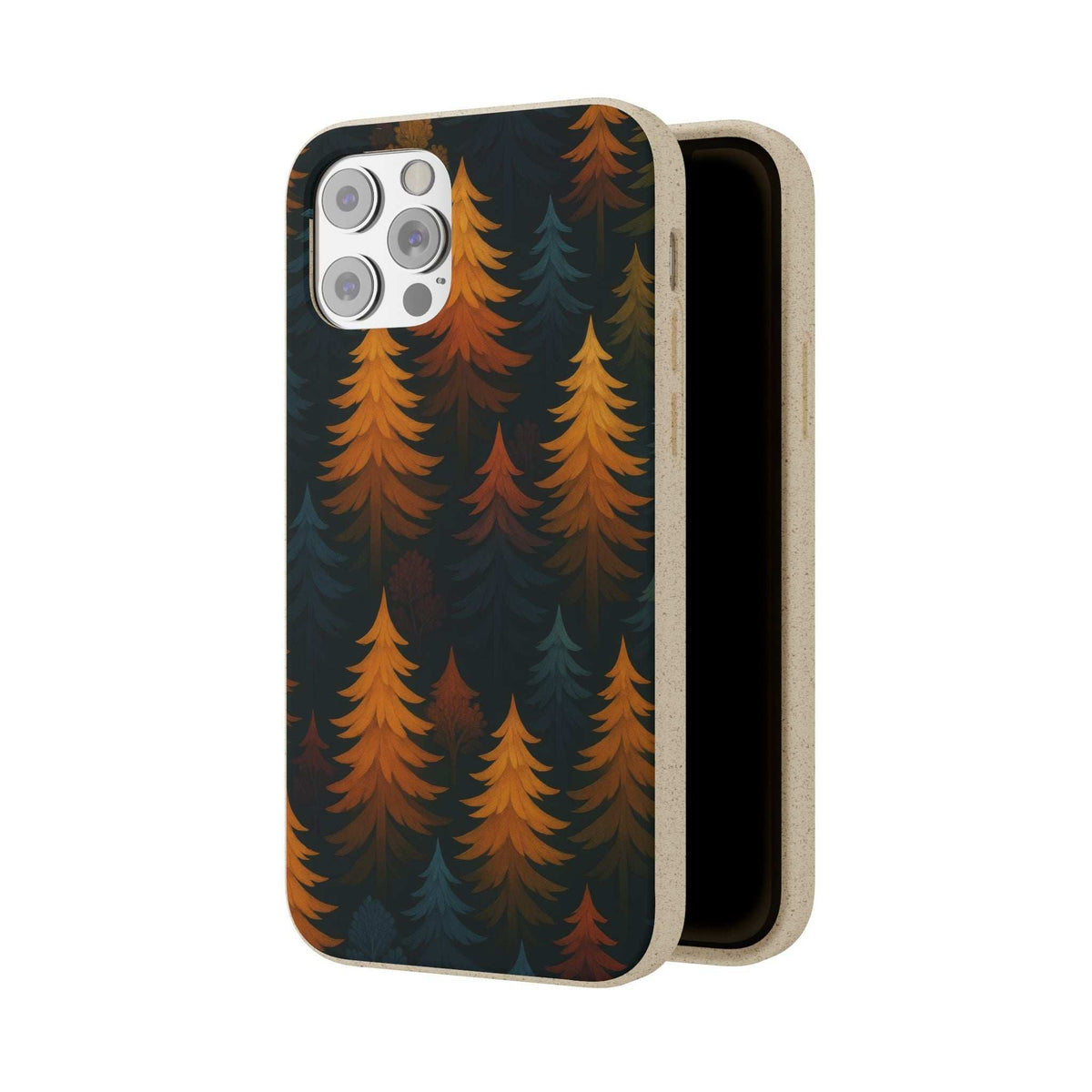 Biodegradable phone case with dark navy forest trees, orange and teal tones, open side view