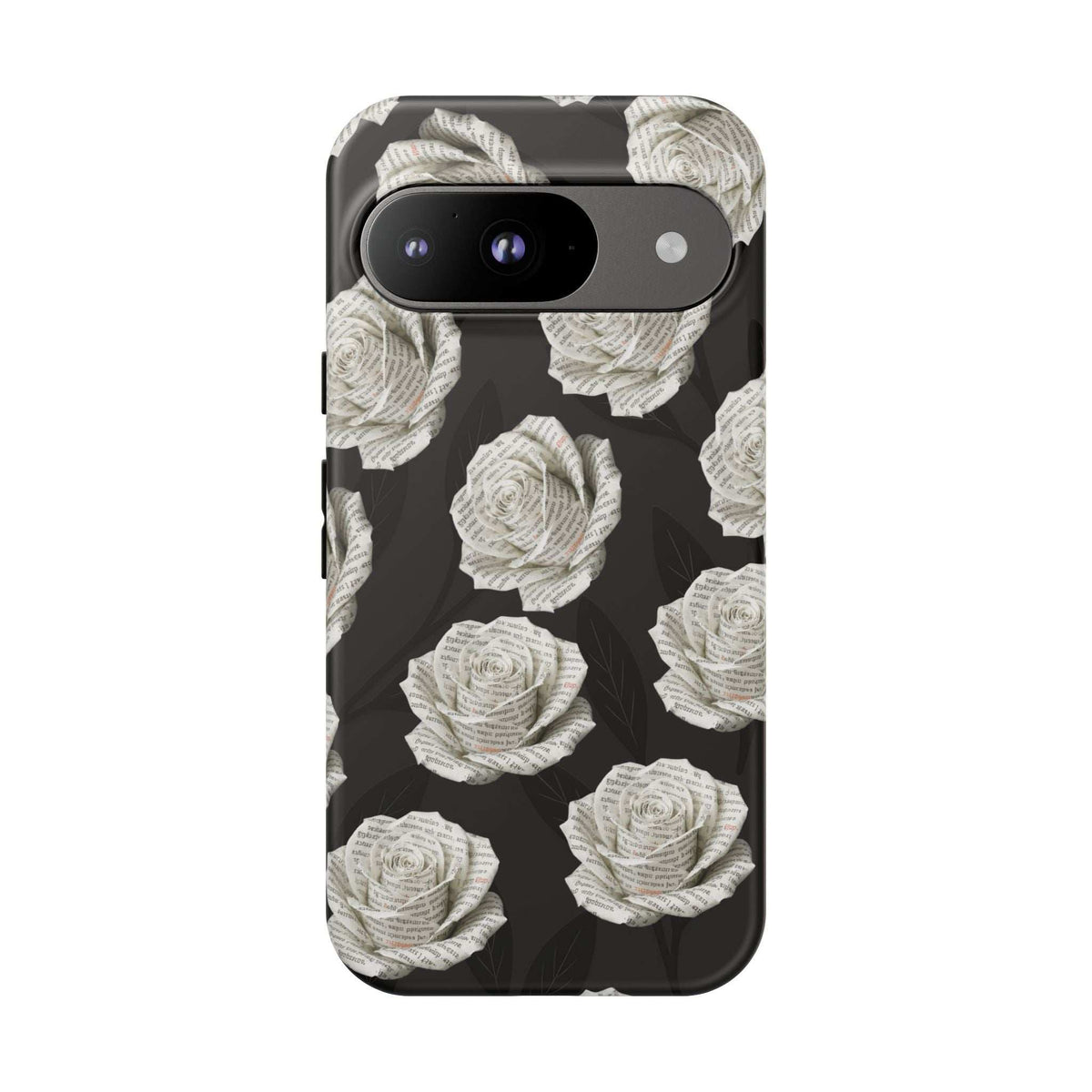 Phone case with black background and white rose pattern; dual-lens camera cutout with flash at top.