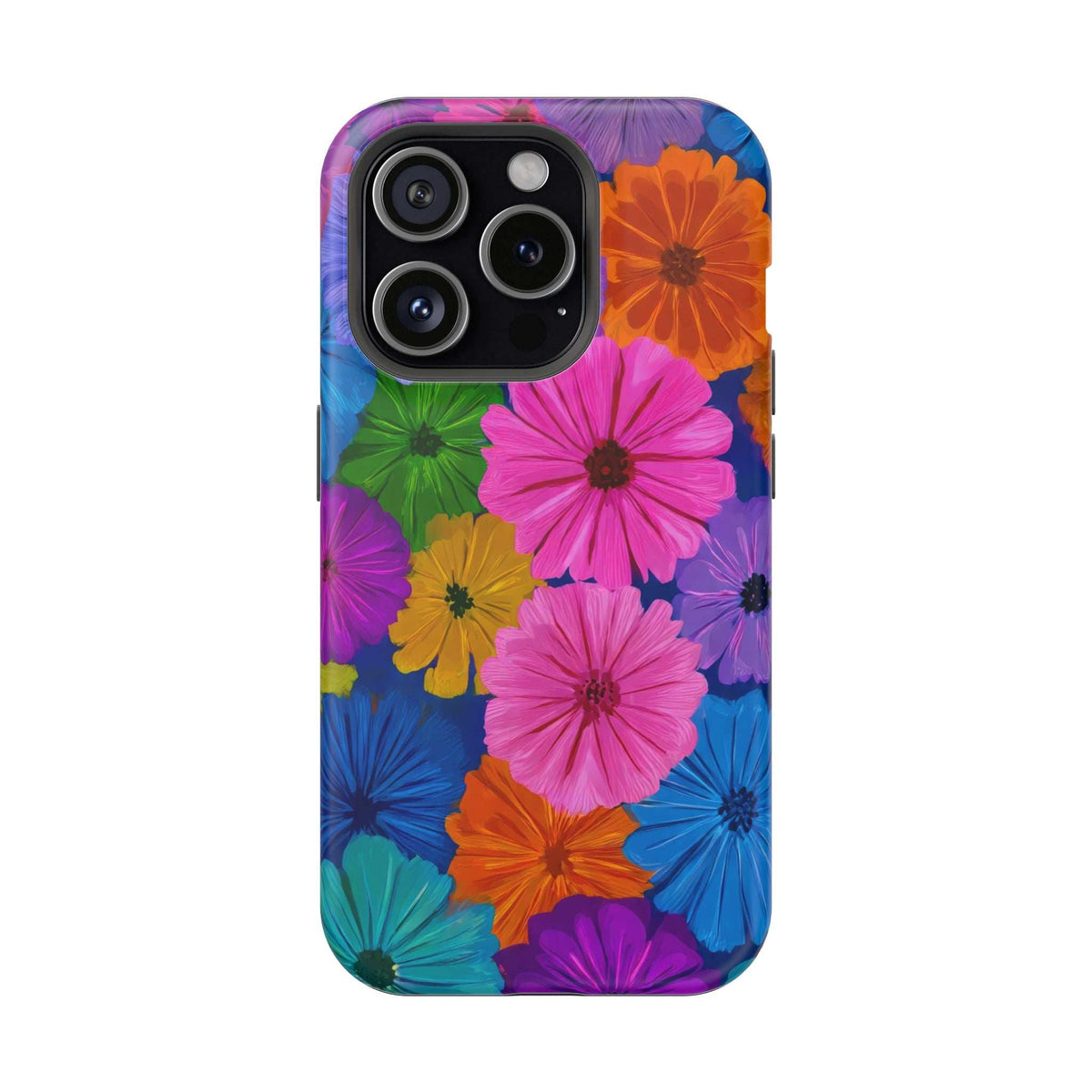 Colorful flower patterned phone case with raised camera cutout and black camera frame